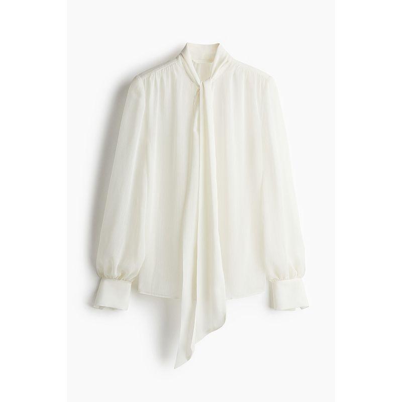 

HM Women s Shirt 2025 Autumn New Arrival French Stand Collar Chiffon Long Sleeve Bowknot Chiffon Tops 1271196 White 170/104(L)