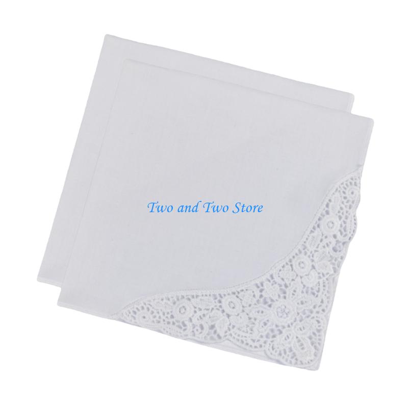 HX6F Twin Set Refined White Wedding Handkerchiefs Natural Cotton With Intricate Lacework