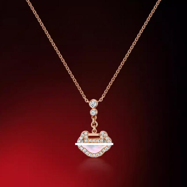 Women's Red Agate & White Mother-of-Pearl Pendant Necklace with 18k Rose Gold and Diamond Accents on a 925 Silver-Plated Clavicle Chain