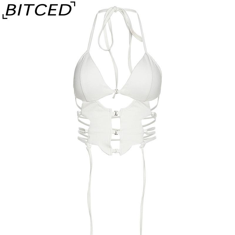 

BITCED Spring/Summer Women s Solid-Color Slim-Fit Fashion Strappy Halter Neck Sexy Backless Tank Top One Size белый