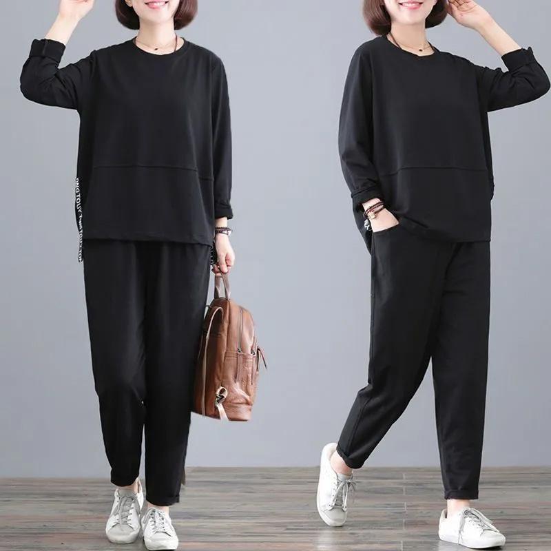 Dámský oblek Velká velikost Bavlněná košile s dlouhým rukávem Kalhoty Dvoudílný Kulatý výstřih Top a Dlouhé kalhoty 2dílný oblek