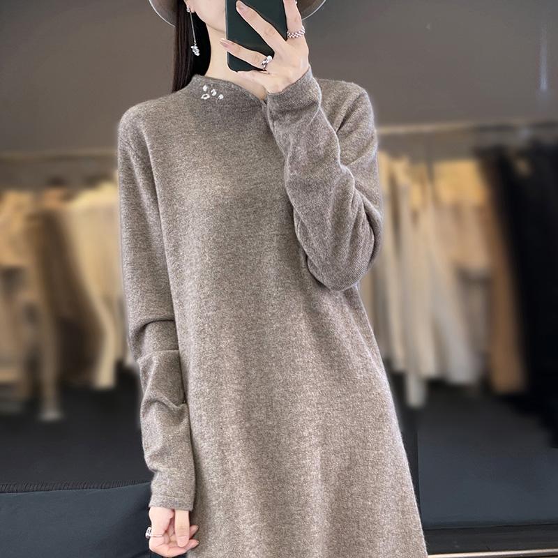 Women's Cashmere Dress Qinghe Cashmere 70% Wool 30% Cashmere Women's Autumn and Winter Cashmere Dress Soft and Warm