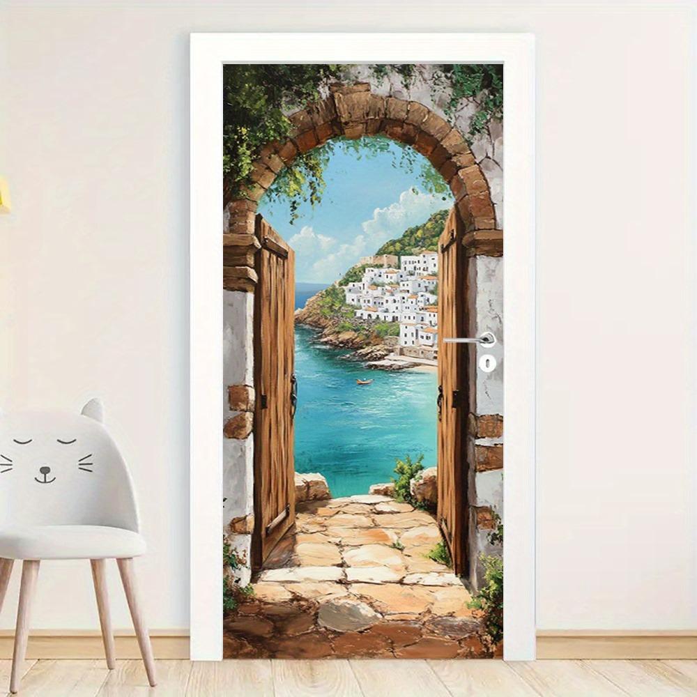 Adesivos de porta com tema oceano azul apresentando designs de arcos de pedra e papel de parede de paisagem mediterrânea, adequados para decoração de casa.