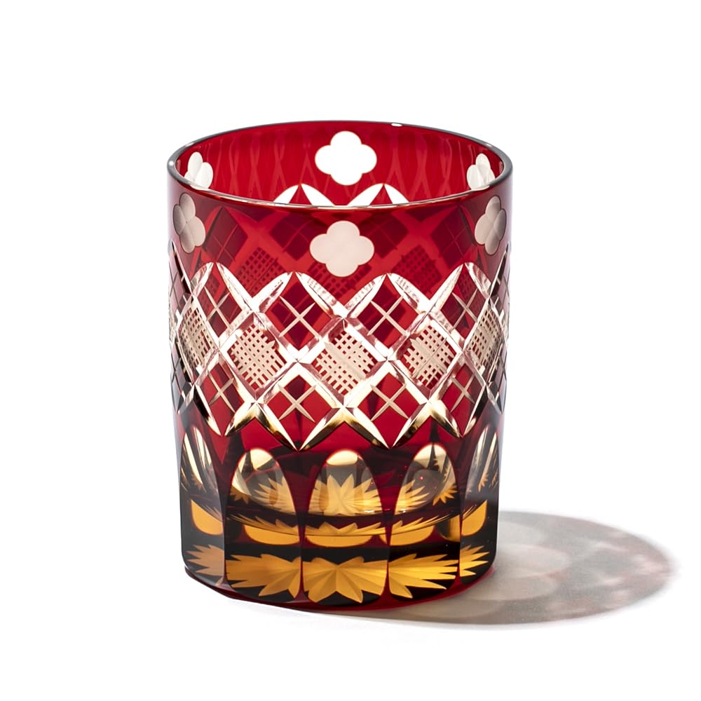 

Taiburo Edo Kiriko clover with yarai nanko pattern Old glass TB94429AR Wooden box Made in Japan [Official Studio] Four-leaf (Amber red)
