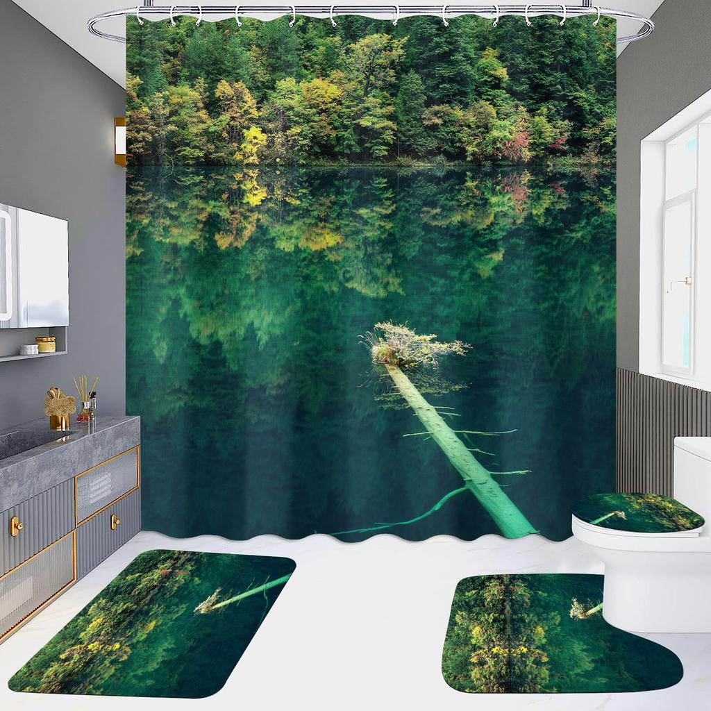 High Definition Digital Printing Shower Curtain Four-Piece Set Of Non-Punching Bathroom Bathroom Bathroom Partition Curtain Landscape