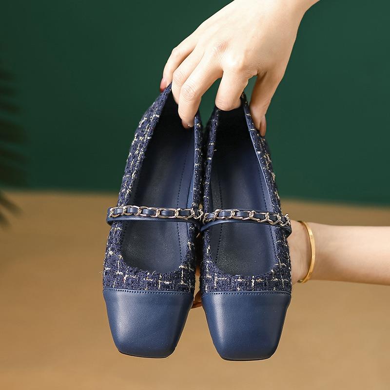 Women Mary Jane Shoes Elegant Tweed Chain Straps Flats French Square Toe Pumps Daily Soft Sole Slip-on Thin Shoes Casual Loafers