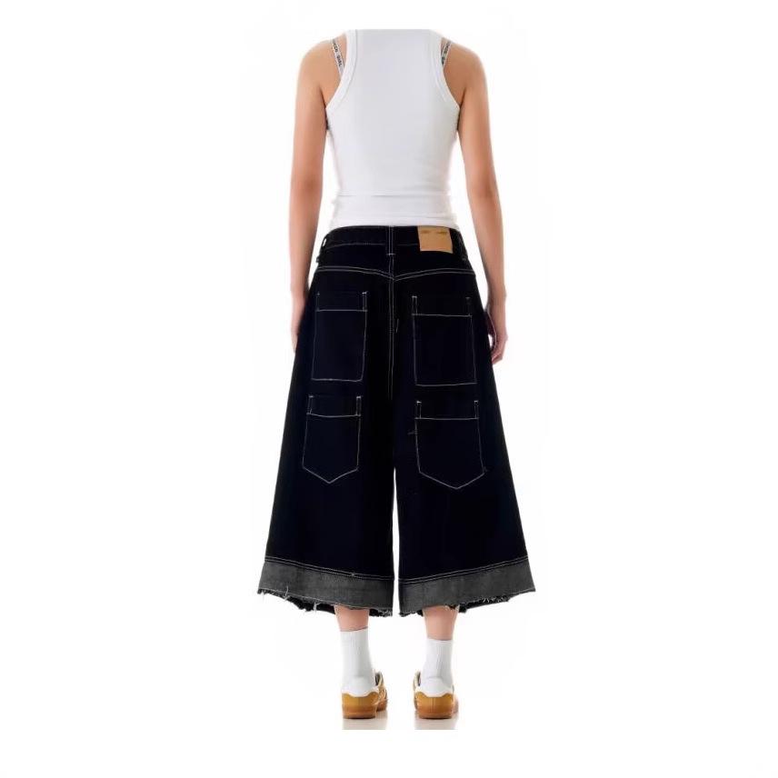 American Retro Patchwork Raw Edge Wide-Leg Culottes for Women