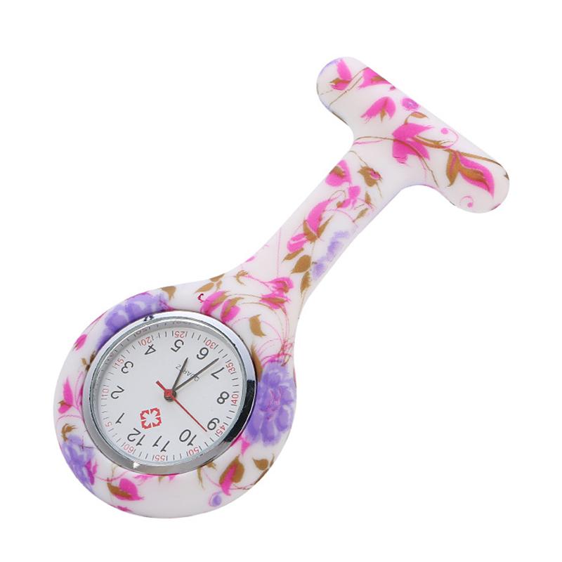 Unisex Silikon Runde Krankenschwesteruhr Clip-on Anhänger Brosche Reversuhr mit Blumenmuster Abdeckung