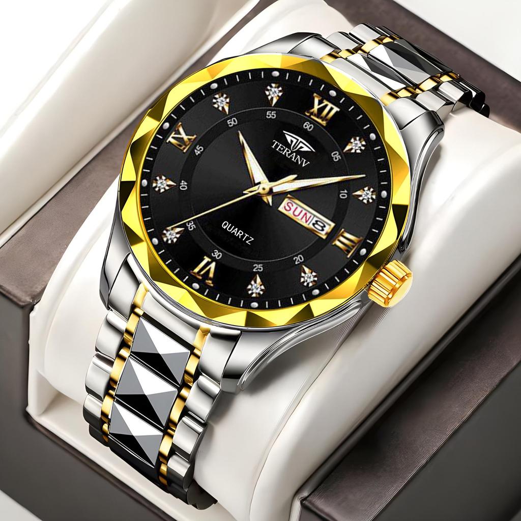 Men's Luminous Waterproof Quartz Watch with English-Chinese Calendar and Rhombus Case