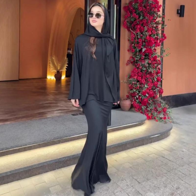 2025 Autumn Festival Europe and America Loose and Comfortable Versatile Commuter Long-sleeved Top Long Skirt Solid Color Jacket Three-piece Women's 