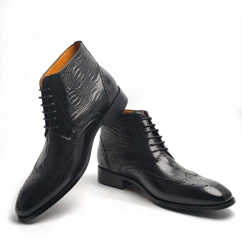 Fashion Luxury Genuine Leather Boots Handmade Retro Printing Shoes Men's Lace Up Top Cow Leather Business Casual Trendy Party Warm Boot