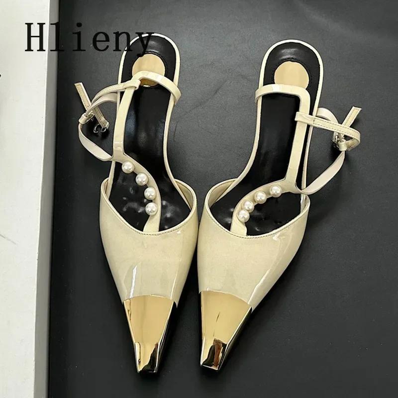 Sexy Metal Pointed Toe Stiletto Sandal Women Luxury Pearls Strap Buckle Designer High Heels Party Prom Shoes Summer Women Pumps