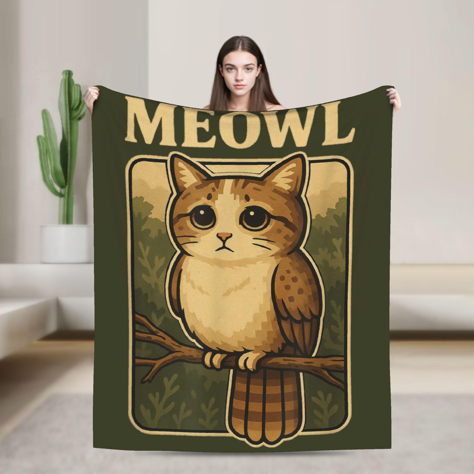 

Funny Meowl Cat Owl Brainrot Meme Knitted Blankets Flannel Trendy Super Soft Throw Blankets for Airplane Travel Multi-function 75x90cm