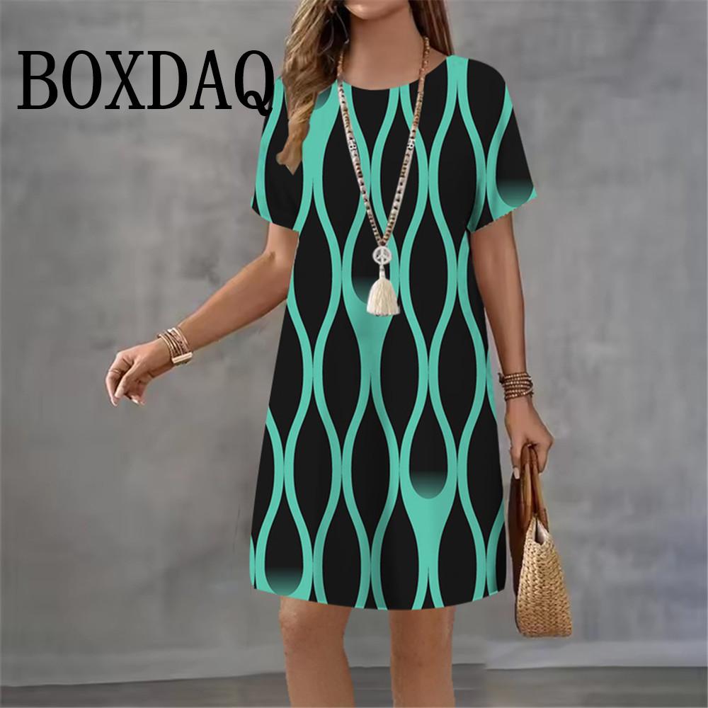 2026 New Women's Dresses Geometric Graphic Abstract Striped Print Elegant Dress Female Summer Loose Short Sleeve Rint Dress