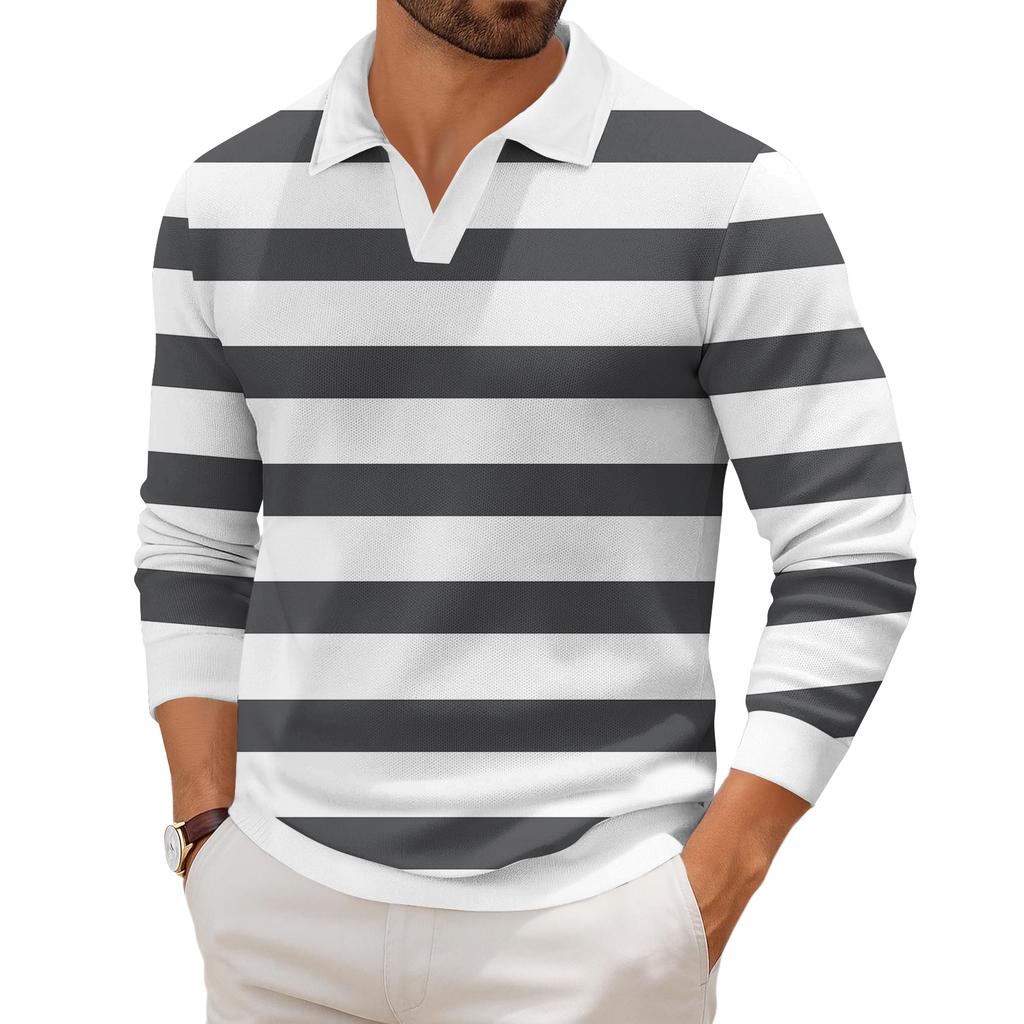 Pánské ležérní módní tištěné klopové pletené spodní tričko s dlouhým rukávem