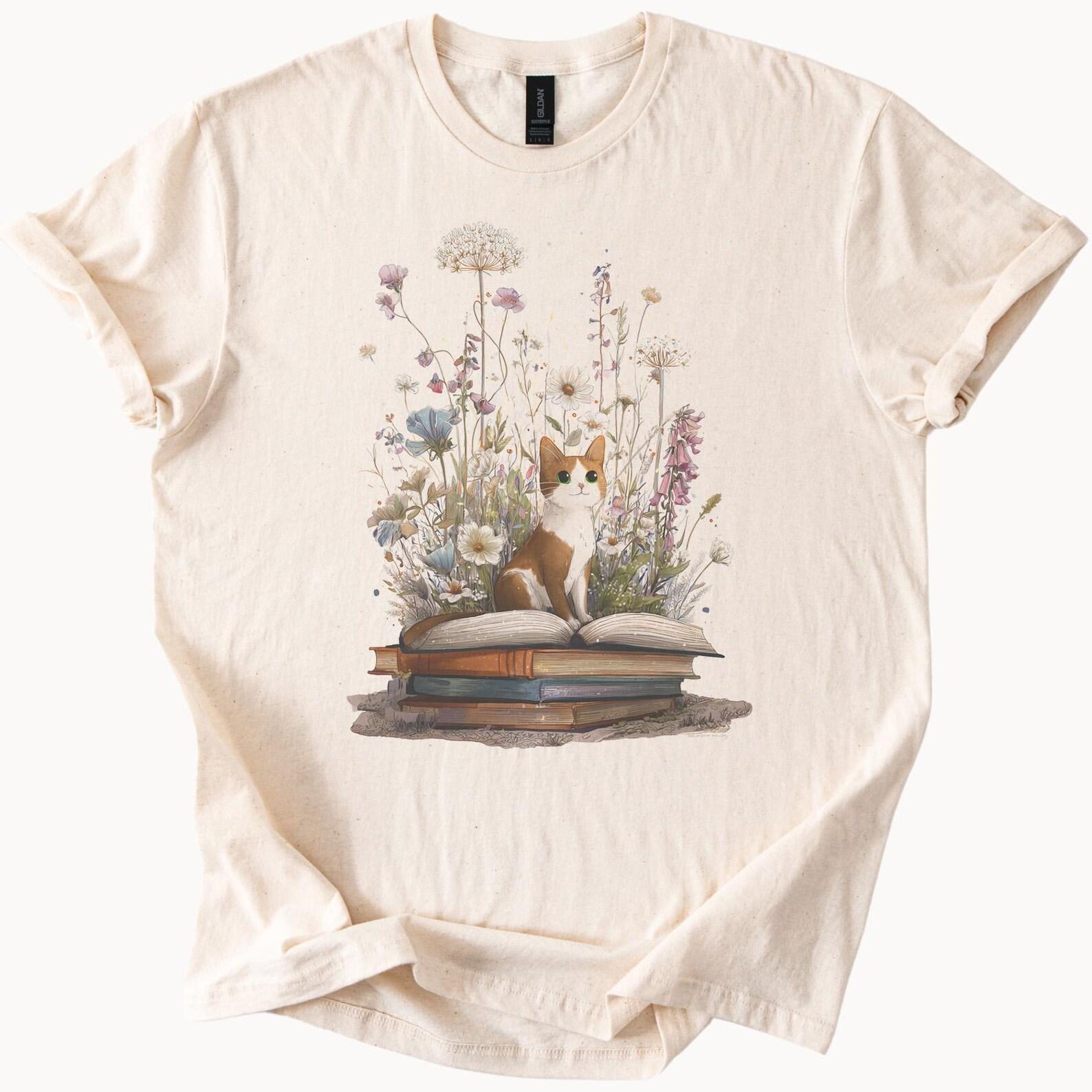 Cat and Books Graphic T Shirt Botanical Floral Wildflower Reading Lover Cute Kitty Art Tee Literary Nature Aesthetic Gift for Bookworm 110