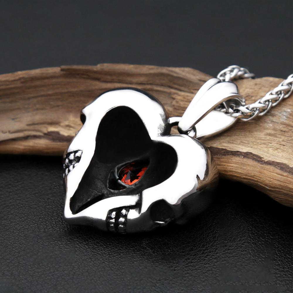 Vintage Stainless Steel Love Heart Skull with Red Gemstone Pendant Necklace for Men Women Fashion Punk Jewelry Gift Dropshipping