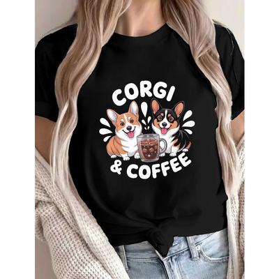 European Sizes Corgis And Coffee Cartoon Print T-shirt, Short Sleeve Crew Neck Casual Top for Summer & Spring, Women's Clothing