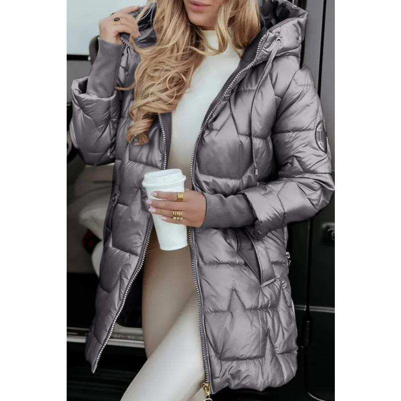 Parka Giacca Imbottita in Cotone da Donna con Cappuccio Capospalla Invernale Spessa Calda Tasche Zip Piumino Antivento Lunghezza Media Cappotto