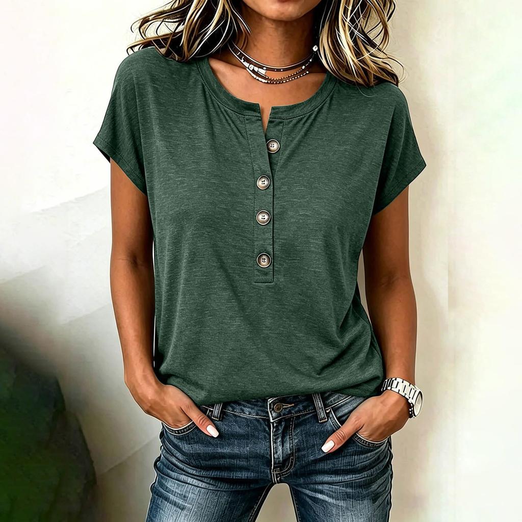 Women's Casual V Neck Button Down Short Sleeve Top Lightweight Soft Fabric Relaxed Fit Blouse Suitable for Daily Wear and Outdoor Activities