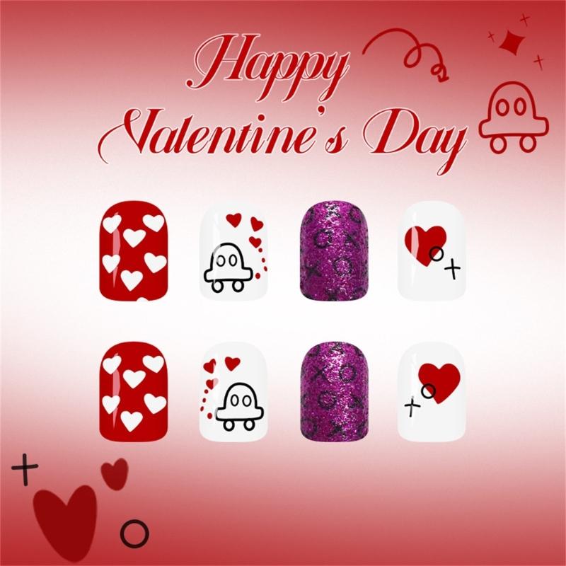 48Pcs False Nail Pink Heart Cherries Blossom Glitters Pattern Romantics Theme Easy To Apply for Parties Daily Use