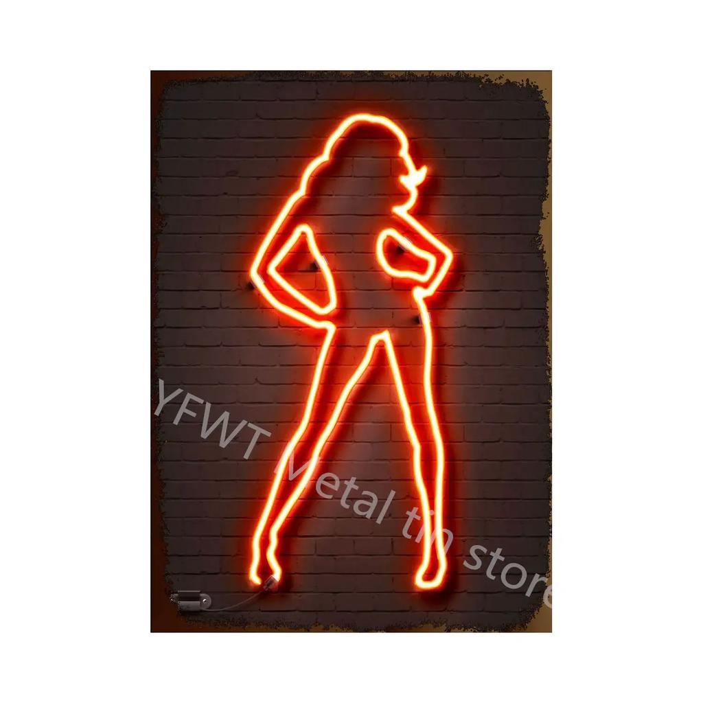 Vintage Colorful Neon Toilet Sign Sexy Woman Plaque Vintage Tin Sign Retro Metal Sign Decorative Plaque Wall Decor