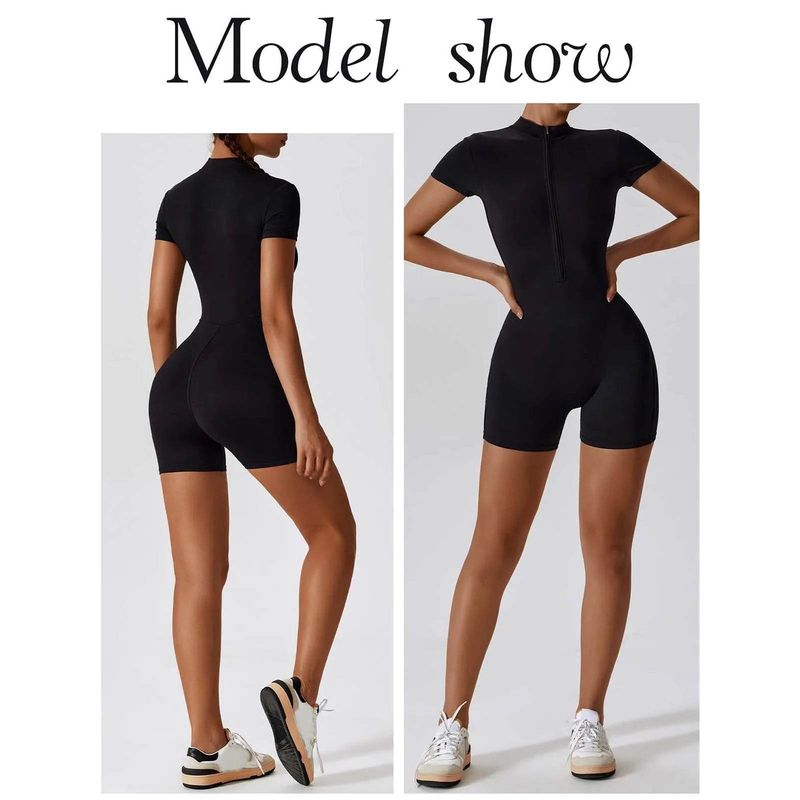 Half Zip Short Sleeve Jumpsuit Shorts Half Zip Short Sleeve One-Piece Shorts