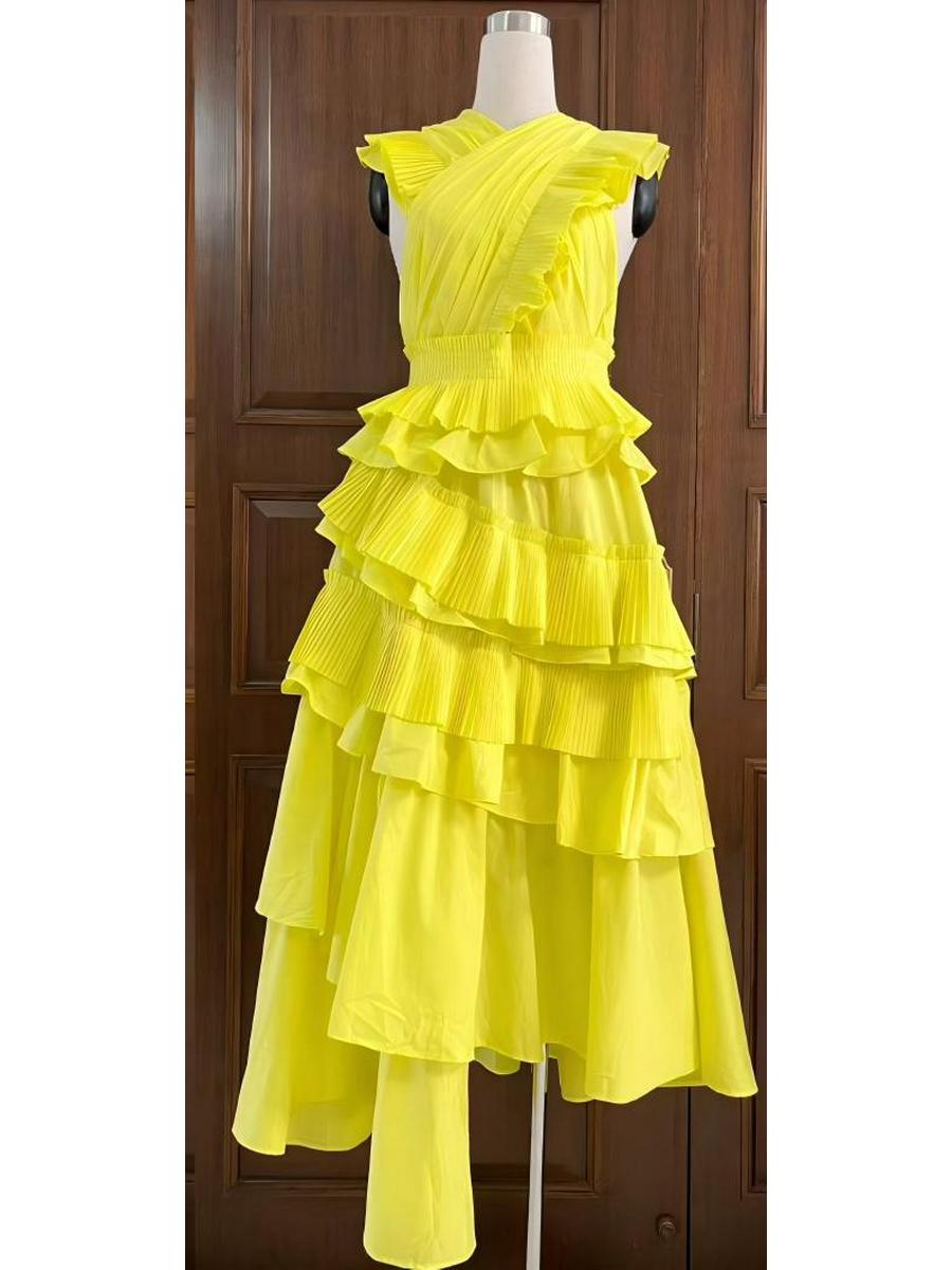 

Elegant Autumn High-Waisted Ruffled Long Dress with Retro Flutter Sleeves L жёлтый