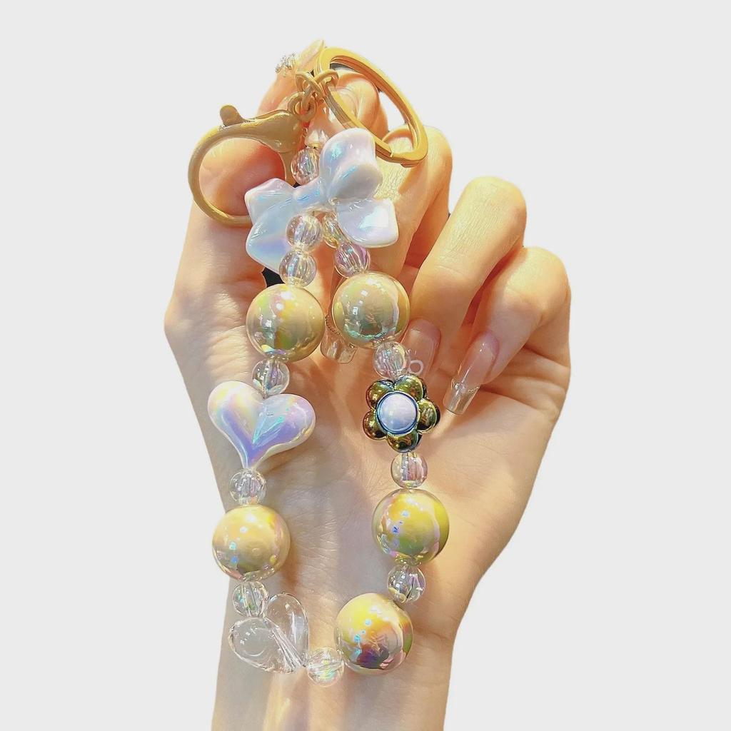 Colorful Beaded Heart Keychain with Bow Pendant