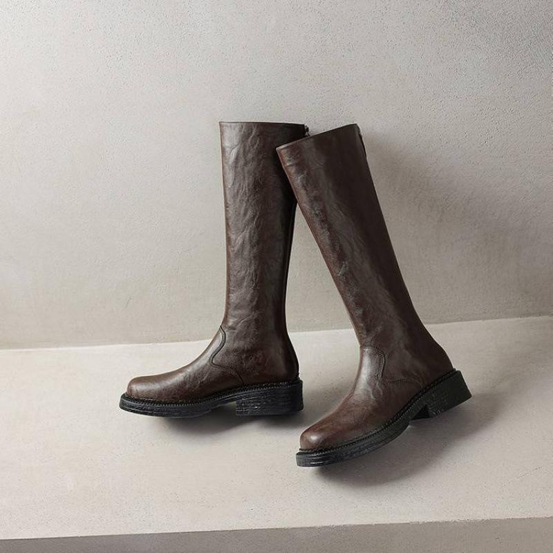 Autumn and Winter Solid Color Leather Large Size Women's Tall Boots Cowhide Middle Heel Comfortable Zipper Fashion Boots New Women's Boots