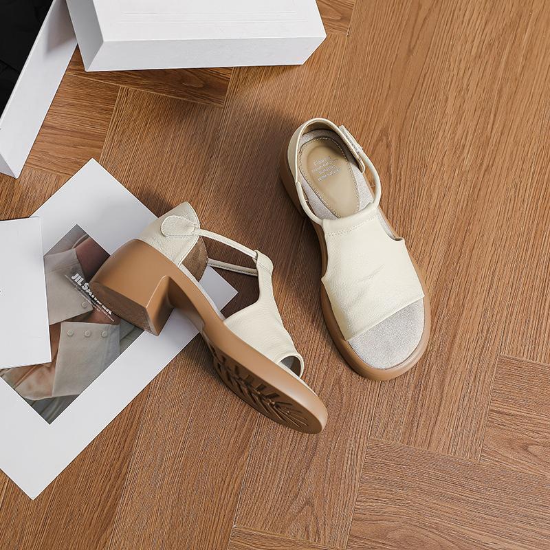 

Soft Leather Edition~ French Retro Platform Heel Soft Leather Sandals Women s Summer Simple Velcro Commuter Open-toed Roman Shoes 40 бежевый