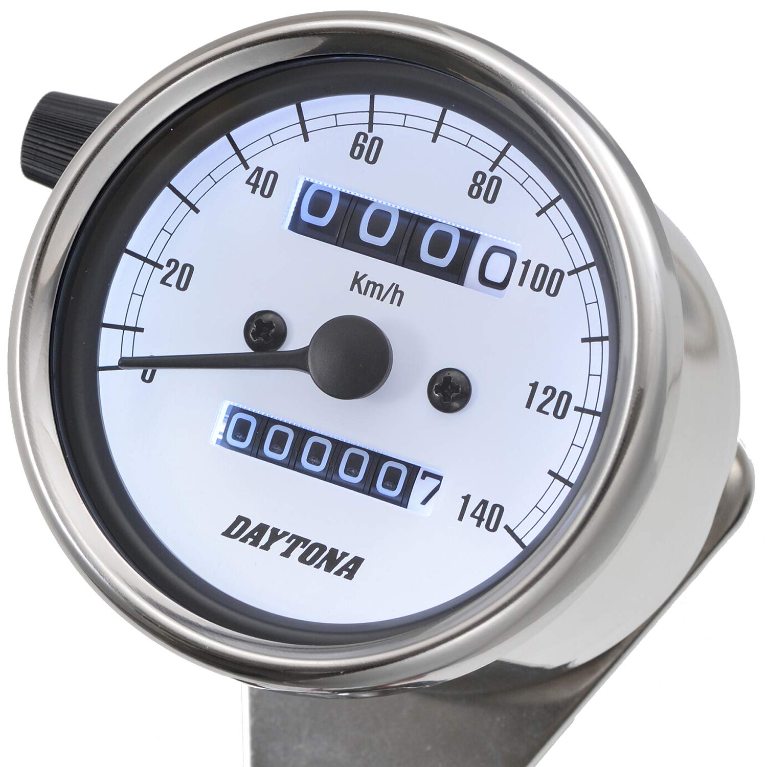 Daytona Motorcycle Mechanical Stainless Steel 15635 Speedometer, Body/White Panel/White LED, 60, 140km/h Display,