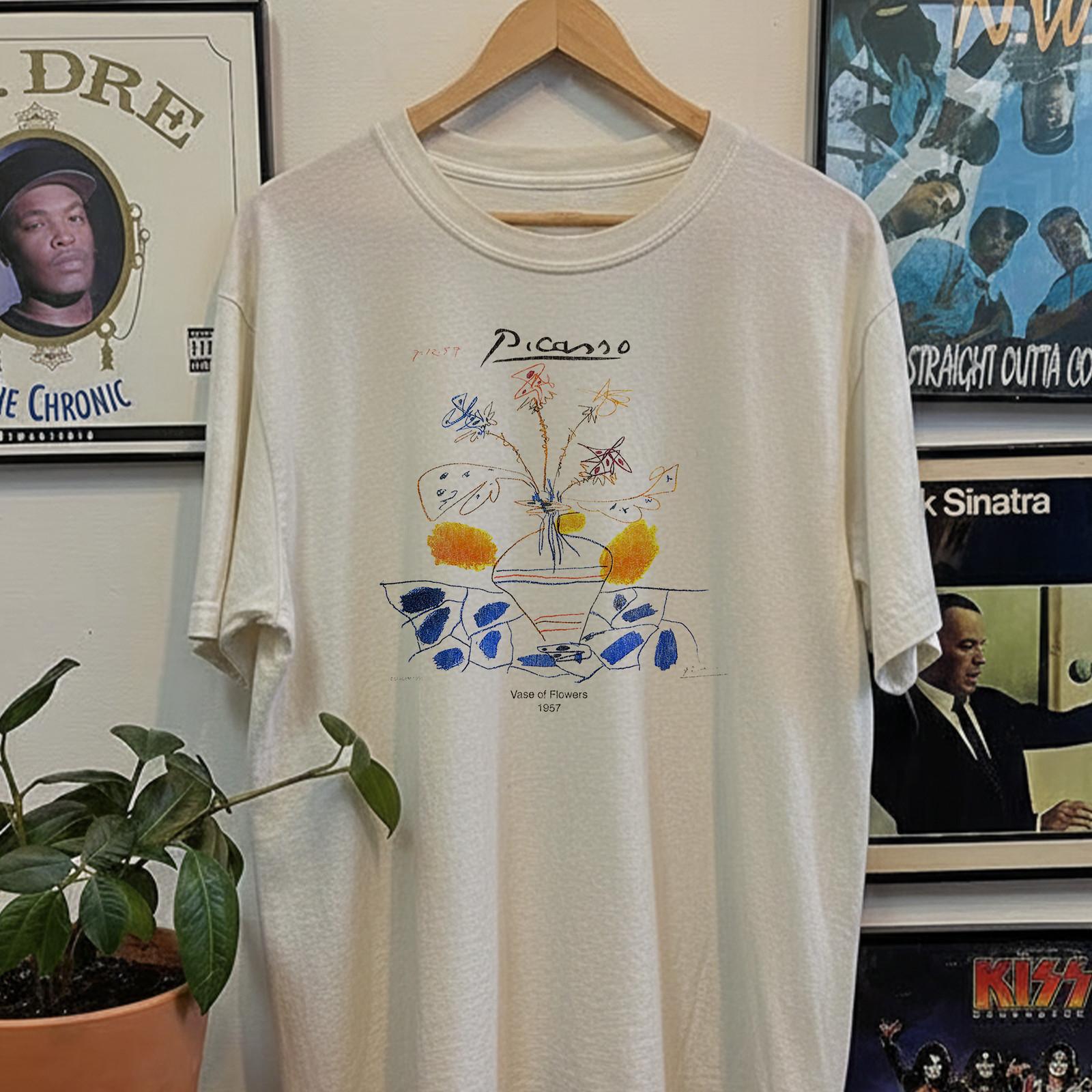 Aged Picasso Vase of Flowers Washed T-Shirt White XXL 4XL