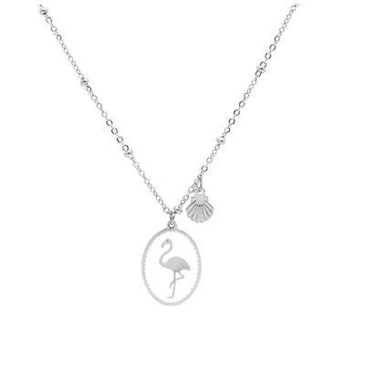 [Q2505] - Silver White 'Pink Flamingo' Steel Designer Necklace - 16x12 Mm