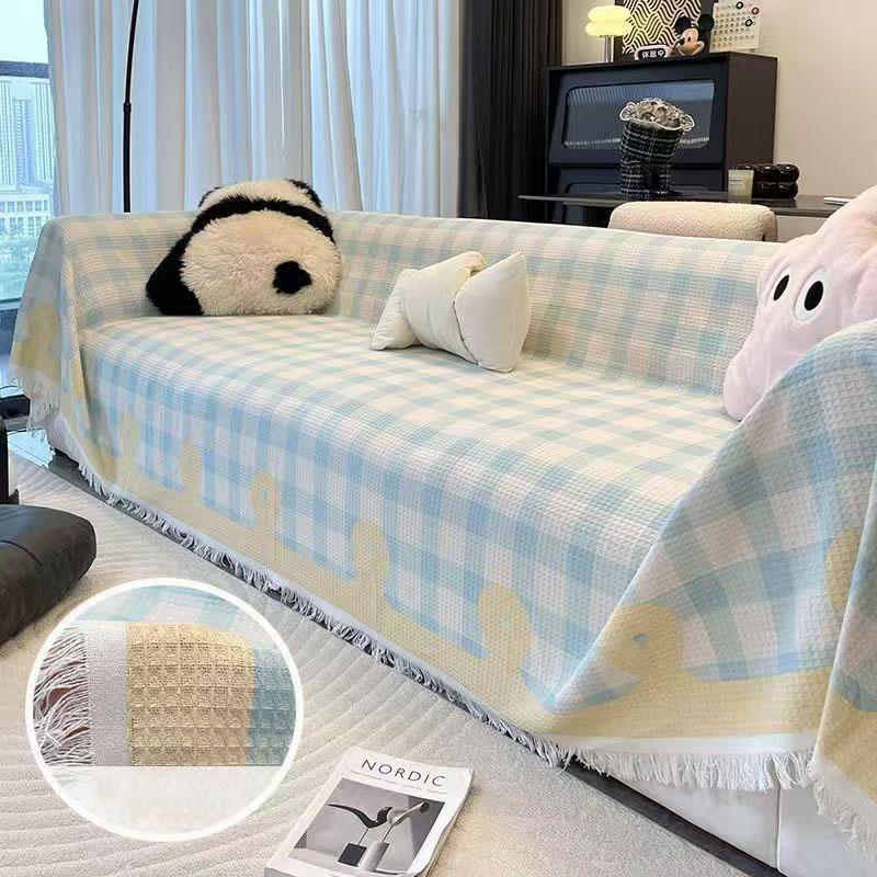 Anti Cat Scratch Sofa Towel with Tassel Nordic Printed Non Slip Blanket for Living Room Multi-Purpose Dust Cover for All Seasons