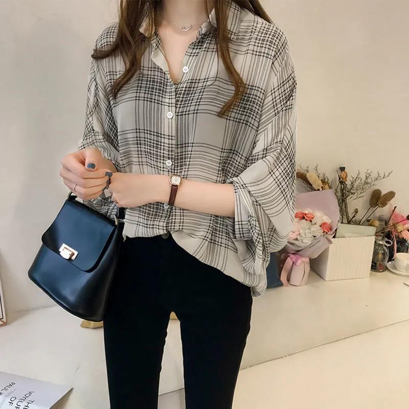 Summer Women's Sun Protection Clothing Chiffon Shirt Plaid Retro Shirt Top Blouse for Women
