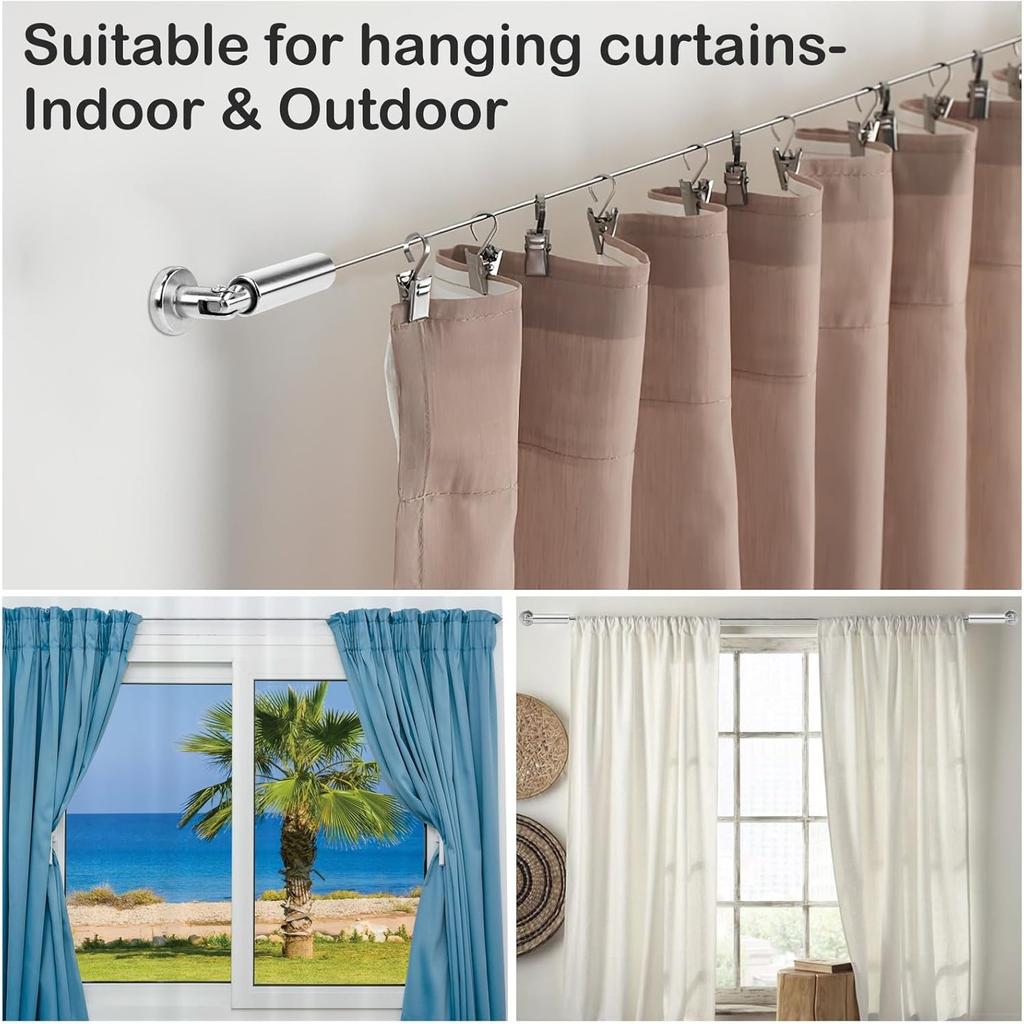 Wall Mount Art Projects Display Curtain Rod Set (5 Meters) with 20 Clips - Stainless Steel Photo Hanging Clothesline Window Curtain Tension