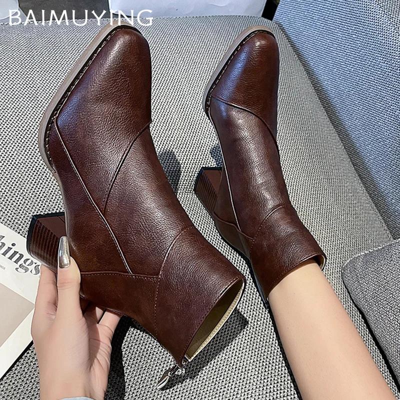 Winter Leather Women Ankle Boots High Heels Sexy Shoes Pointed Toe Chunky Chelsea Boots Trend Winter New Goth Botas Mujer