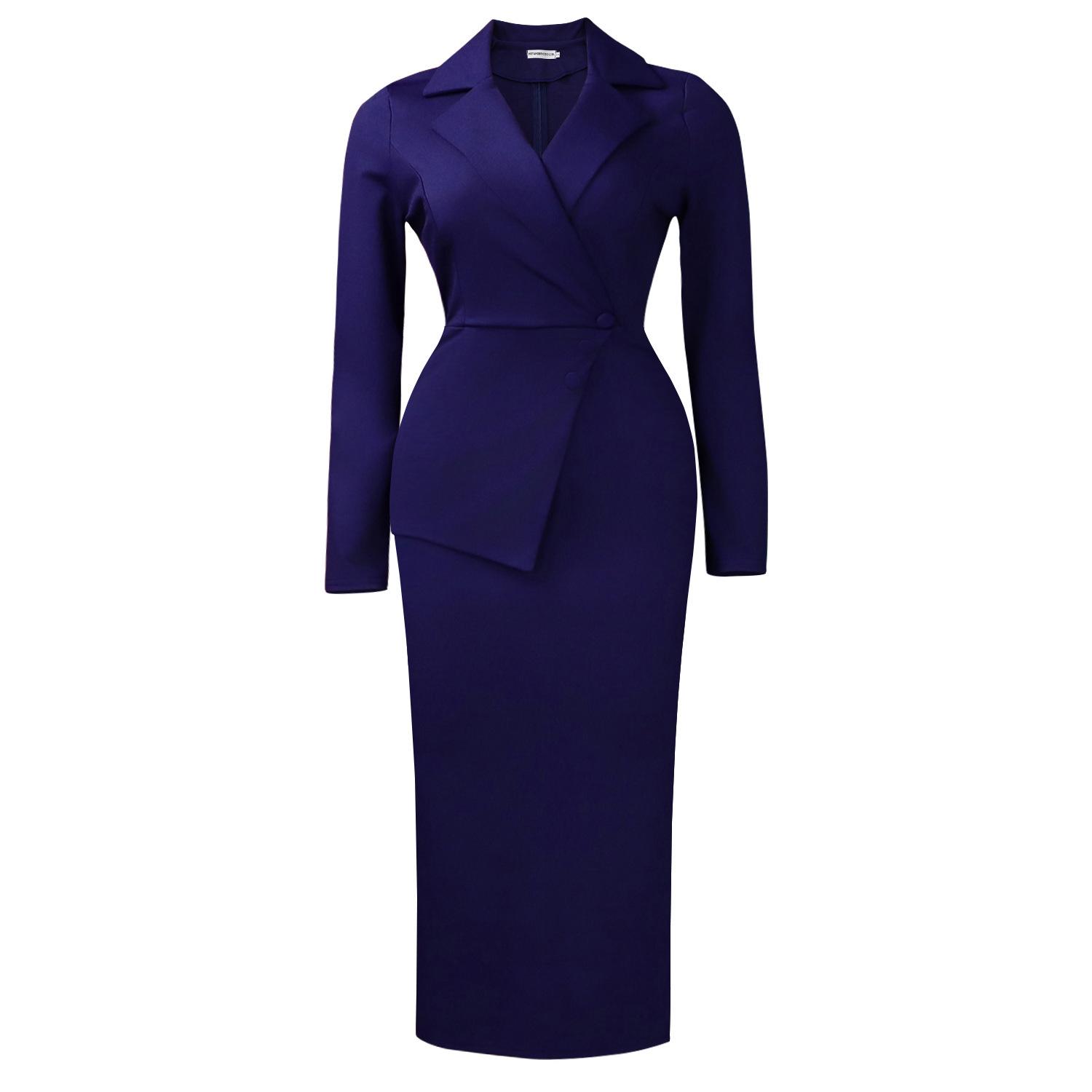 

D615 European & American Fashion: 2026 Slim-Fit Solid Color Lapel Dress with Waist-Cinching Hip-Hugging Design XXL