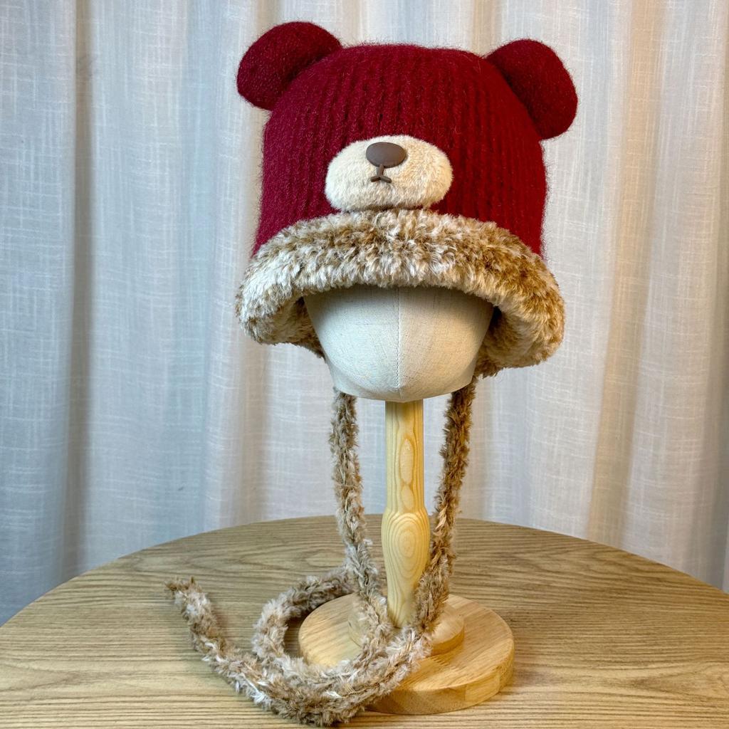 New Cute Bear Knitted Hat for Women in Autumn and Winter Warm Plus Velvet Ear Protection Hat Cold Proof Pullover Woolen Hat