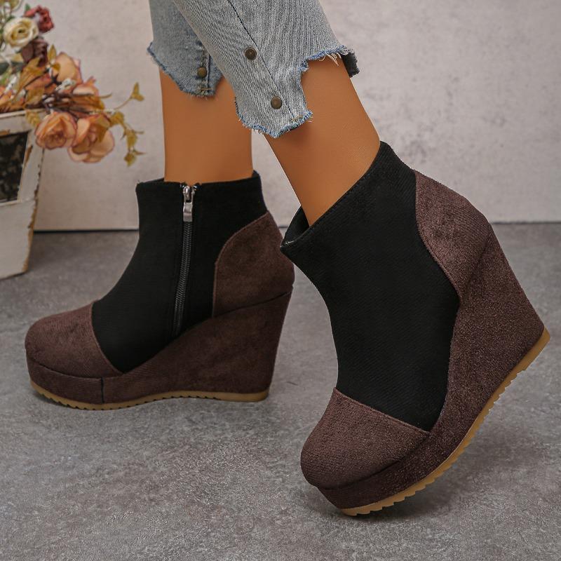 Plus‑Size Round Toe Thick Platform Wedge High Heel Women Ankle Boots