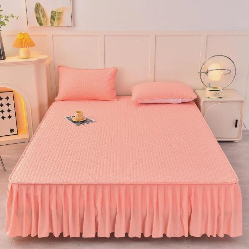 Solid Color Cotton Fitted Sheet Bed Skirt 2-in-1 Dustproof Bedspread Modern Minimalist Mattress Dust Protection Cover