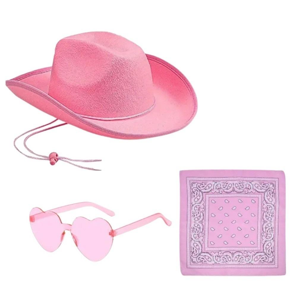 Fluffy Trim Bandana Heart-Shaped Glasses Pink Halloween Costume Accessories Set Cowboy Hat Women