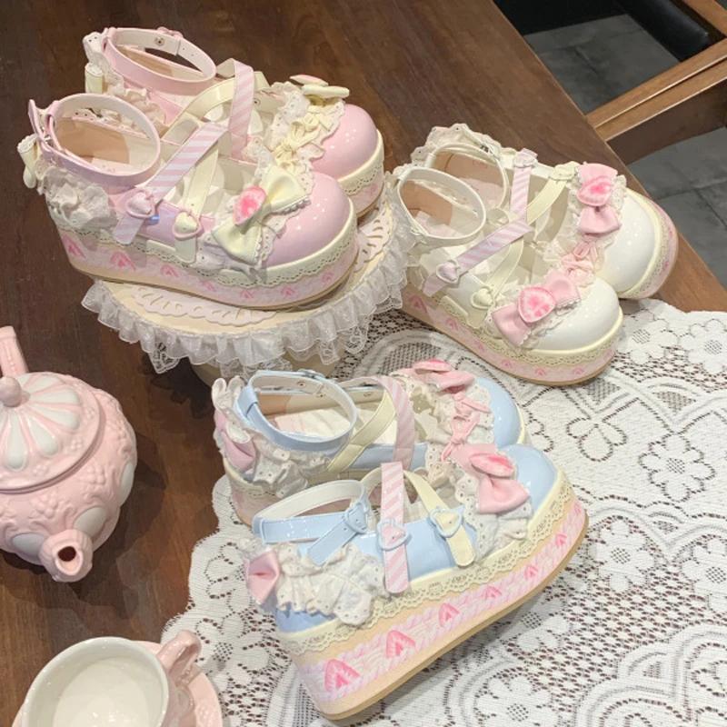 Cute Sweet Lolita Shoes Thick Sole Platform Women Pumps PU Leather Mary Janes Girls Sandals Cross Strap Party Princess Shoes