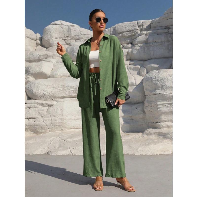 Women's Fashion Solid Color Collar Button Long Sleeve Top Elastic Waist Straight Pants Casual Set