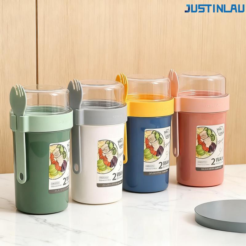  790ml/990ml Salad Oatmeal Cup Breakfast Double Cup Cereal Nut Yogurt Container Set With Dressing Holder Fork