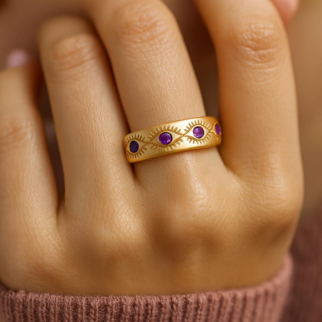 Purple Amethyst Karma Band, Yellow Gold Plated Silver, Engagement Gift for Her, Personalized Anniversary Jewelry