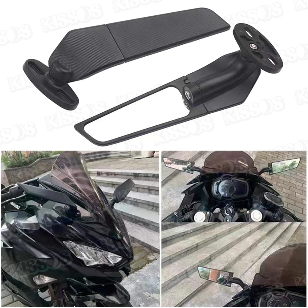 Universal Black Wing Mirrors for Motorcycles, Adjustable Rotating Canards, Left and Right Set for YZF, ZX, and CBR