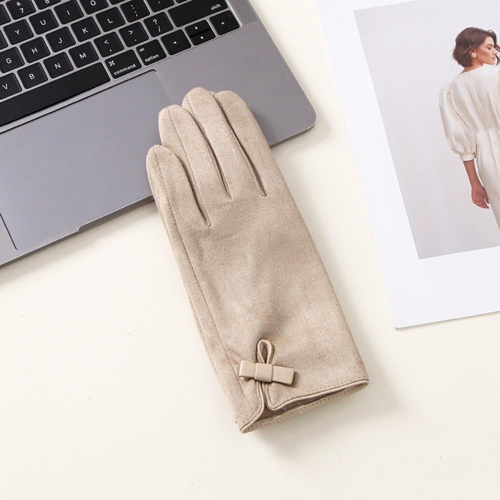 Velvet Winter Bow Suede Gloves Soft Women Cycling Mittens Cute Pu Leather Gloves  Outdoor