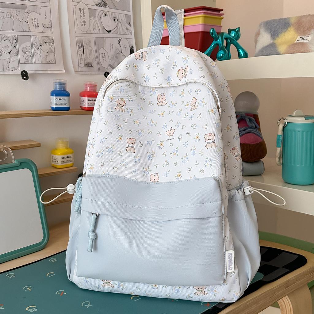 Schoolbag milky white fresh floral cute bear patchwork student backpack for students and healing style gentle bestie travel mini backpack